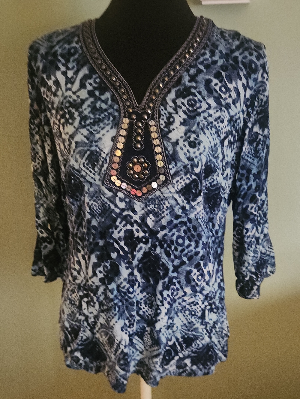 Dress Barn Blue Patterned Embellished Tunic Top
